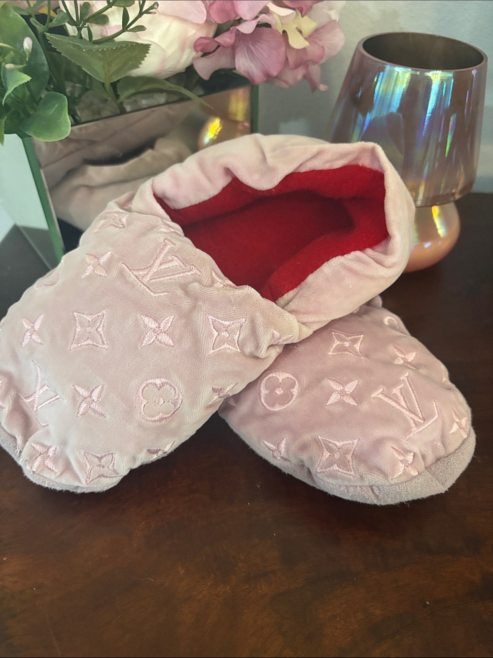 Louis Vuitton Pink Quilted Monogram Slippers with Red Lining